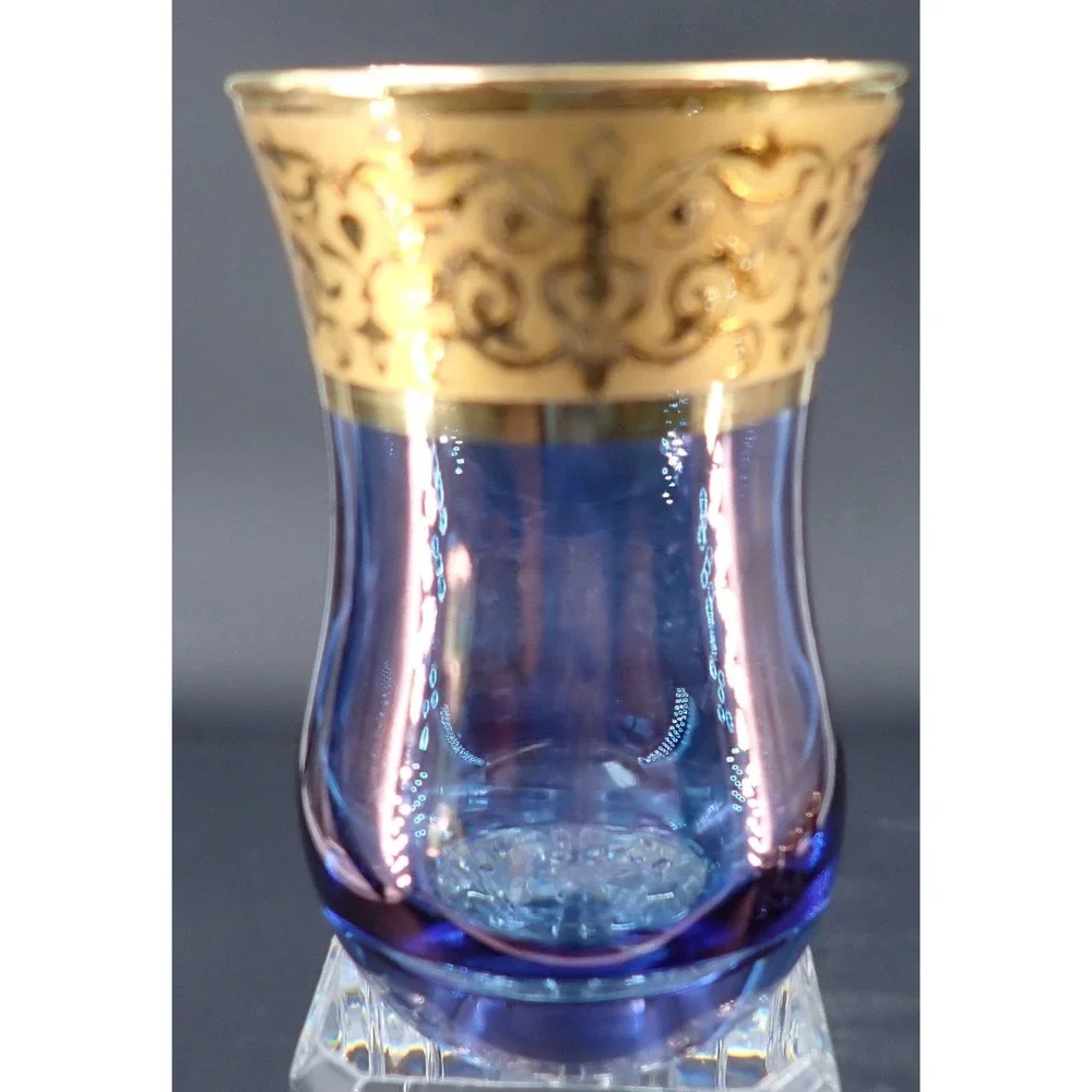 Vintage Bohemia Cordial Glasses Light Blue Purple Iridescent Heavy Gold Gild